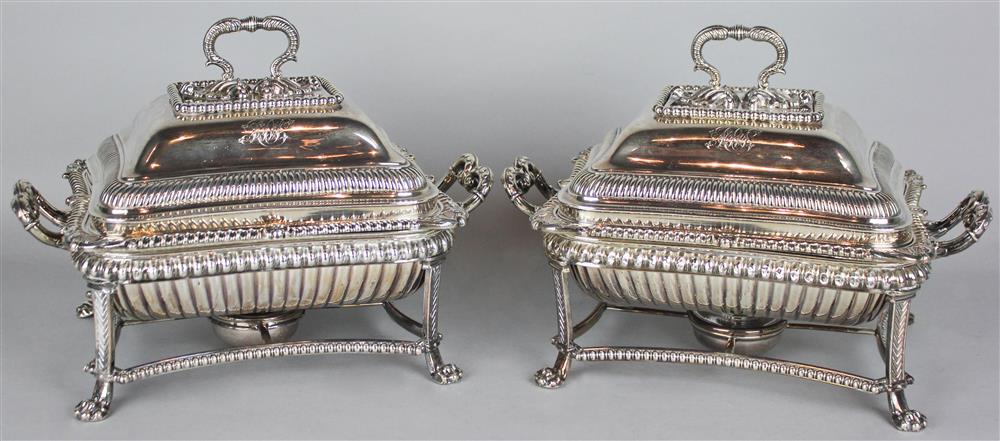 Appraisal: TWO GEORGE III SILVER ENTREE DISHES AND COVERS ON PLATED