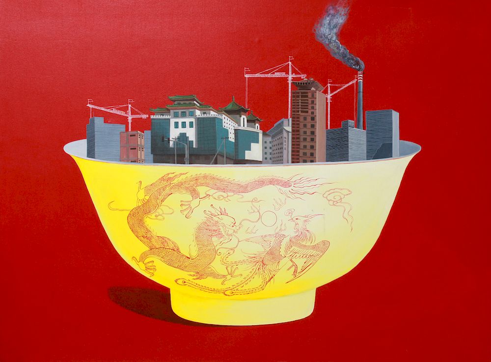 Appraisal: Zhang Ting Qun Dragon Bowl Large Oil on Canvas Zhang