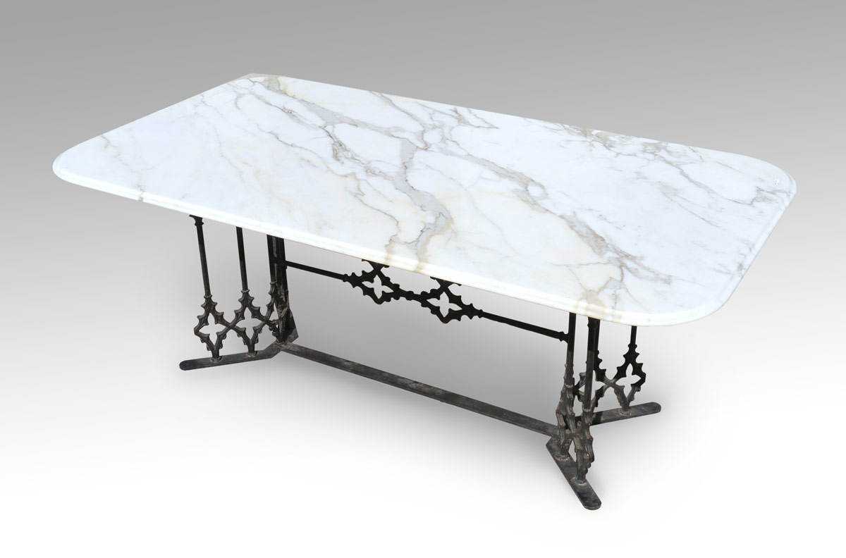 Appraisal: LARGE MARBLE TOP CAST IRON BASE TABLE White variegated marble