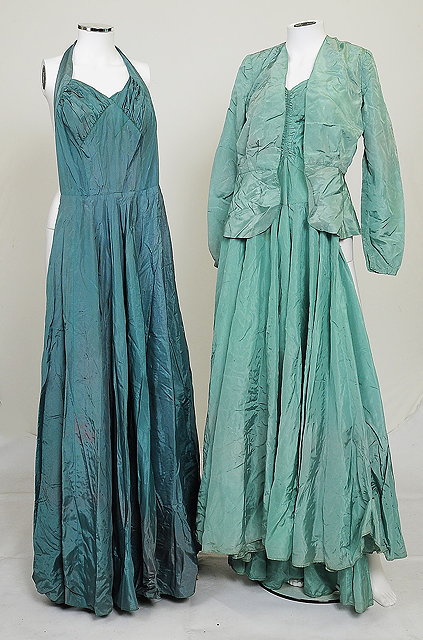 Appraisal: Two s iridescent green ball gowns one with halter neck