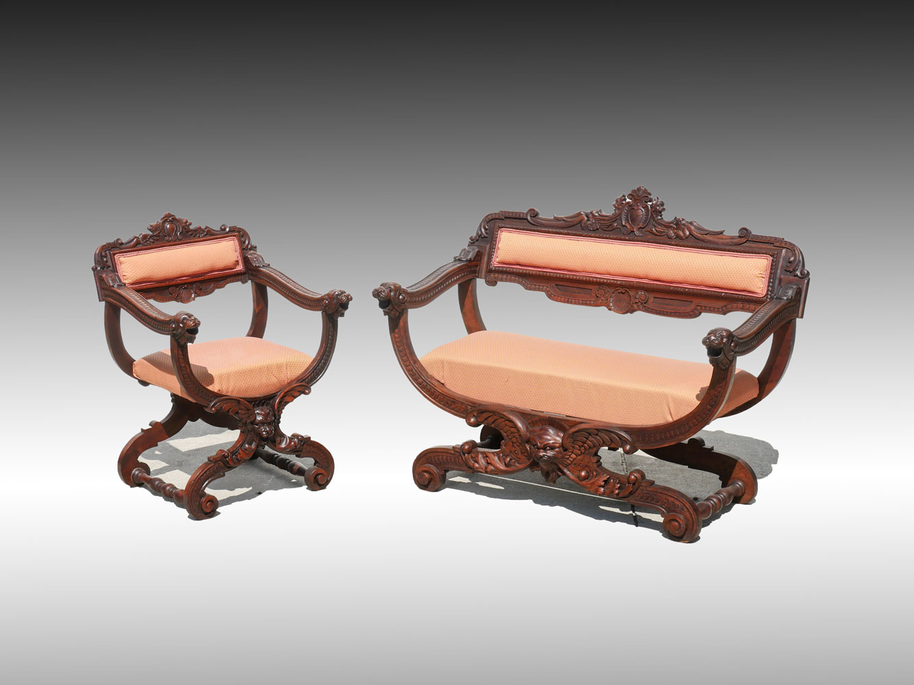 Appraisal: PC CARVED MASQUERON PARLOR SET Comprising chair settee Both having