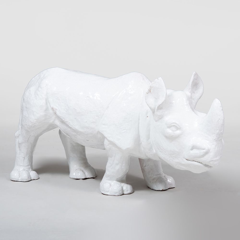 Appraisal: Large White Glazed Pottery Rhino x x in Condition There