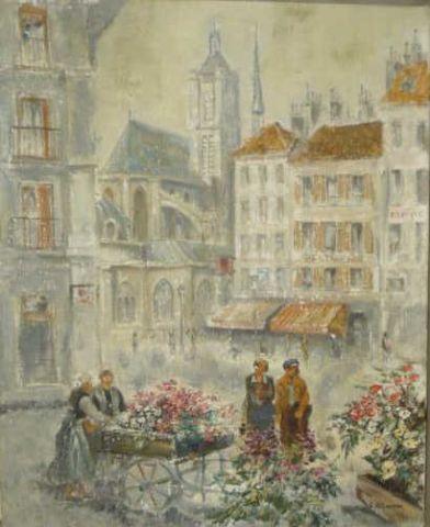 Appraisal: VILLACRES Cesar Oil on Canvas of Flower Market Signed lower