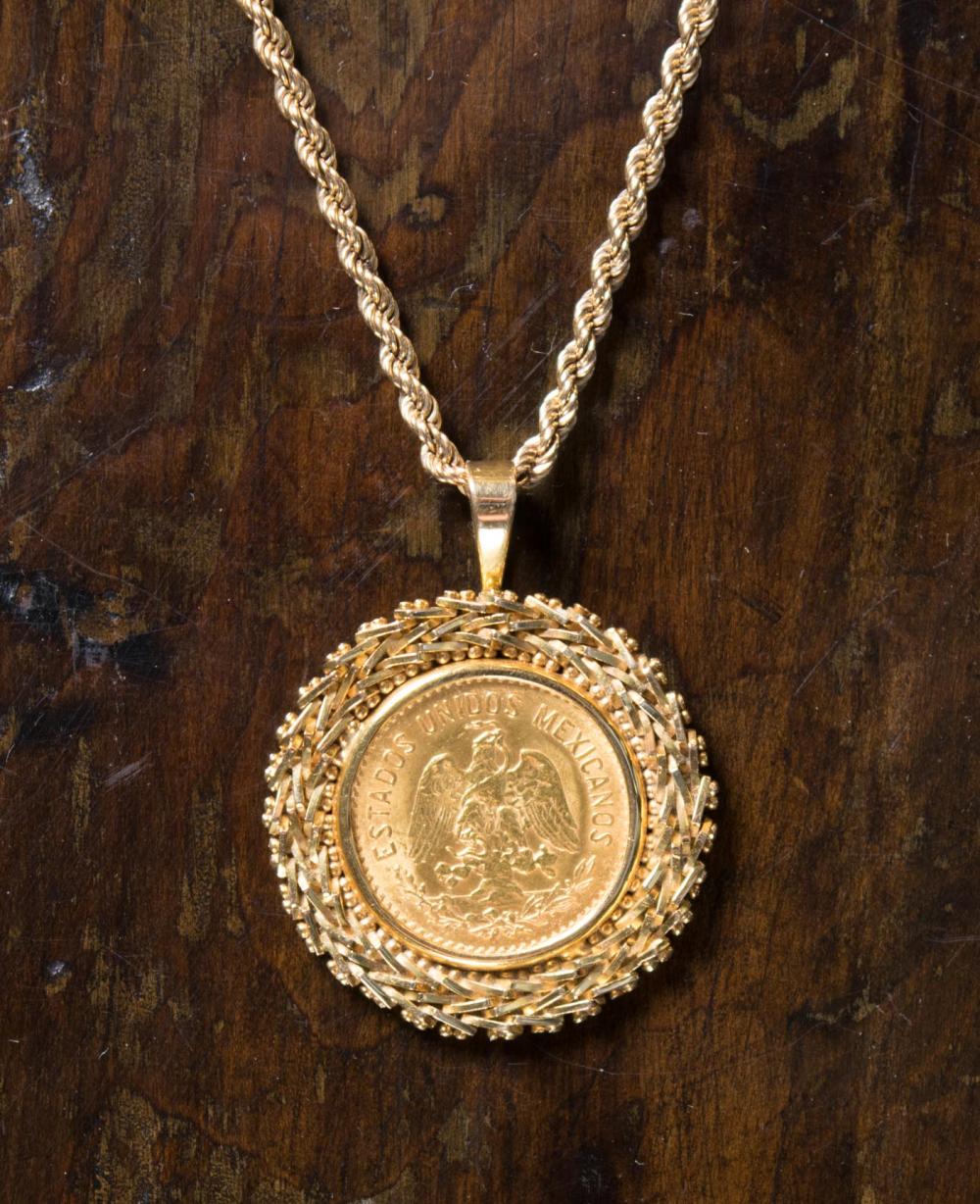 Appraisal: GOLD COIN PENDANT NECKLACE featuring a Mexico five pesos gold