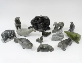 Appraisal: GROUP OF THIRTEEN NATIVE INUIT STONE CARVINGS Comprising Walrus by