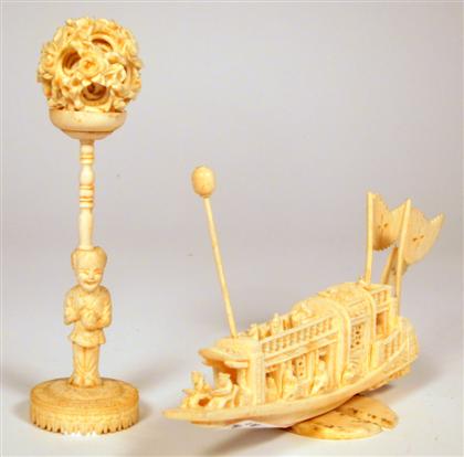 Appraisal: Chinese elephant ivory puzzle ball and barge model th th