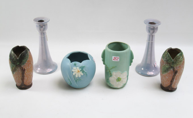 Appraisal: SIX WELLER ART POTTERY pair iridescent glazed blue candle pair