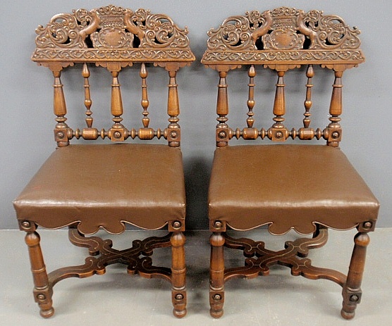 Appraisal: - Pair of Jacobean style walnut side chairs with elaborate