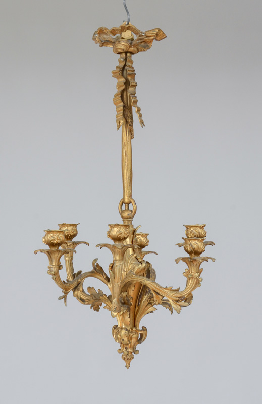 Appraisal: LOUIS XV STYLE GILT-BRONZE SIX-LIGHT CHANDELIER Vase-form center supporting foliate-cast