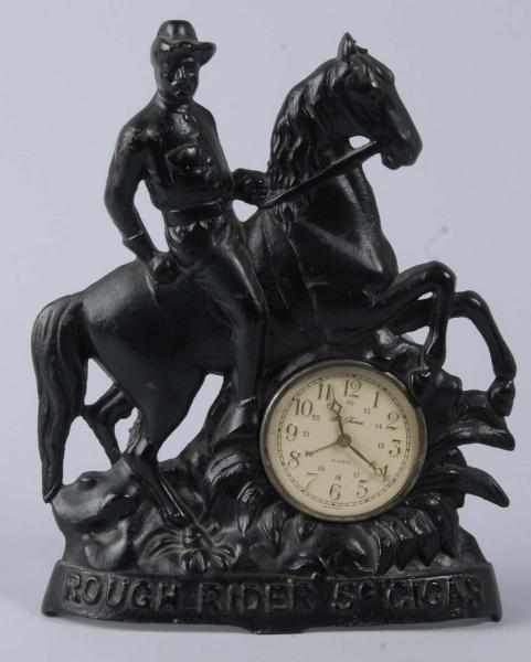 Appraisal: Cast Iron Rough Rider Cigar Advertising Clock Description to Newer