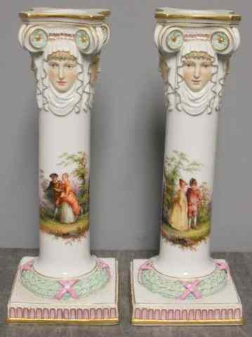 Appraisal: Unusual Pair of Meissen Candlesticks With handpainted courting scenes and