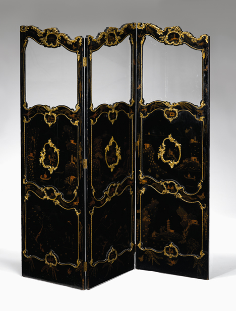 Appraisal: George III gilt bronze mounted japanned three panel screen circa