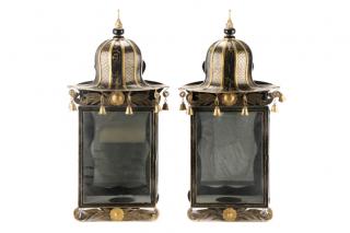 Appraisal: Pair Black Tole Chinoiserie Pagoda Form Lanterns English contemporary A