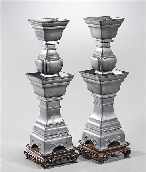 Appraisal: Pair of Chinese pewter candlesticks with stands ' x sq