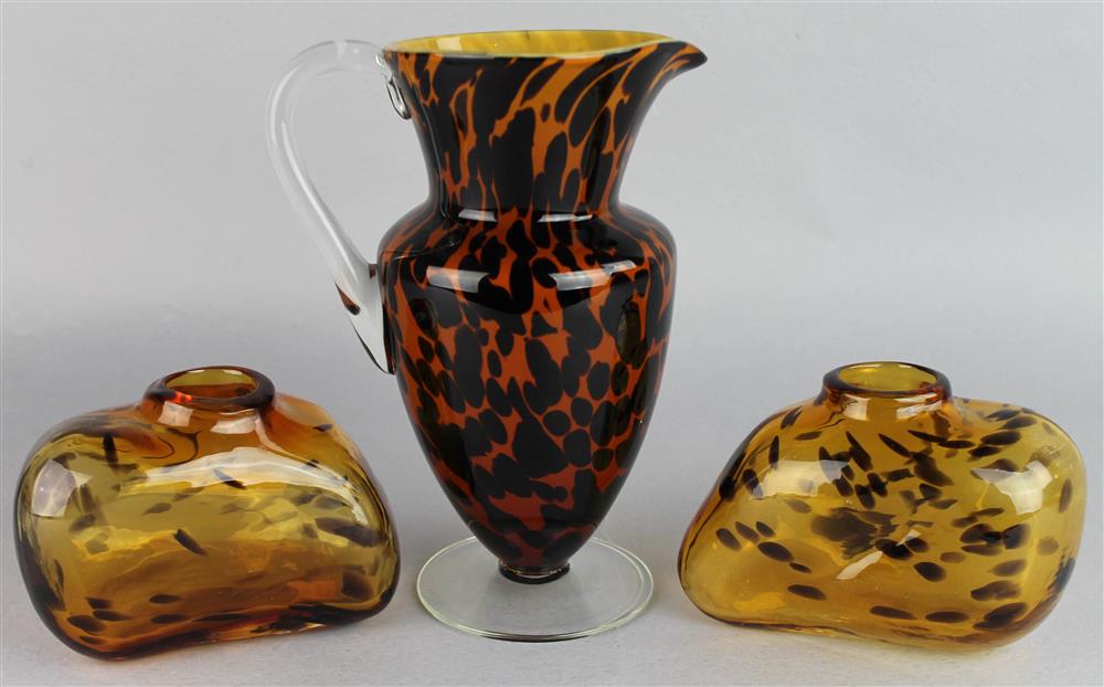 Appraisal: THREE GLASS TORTOISE SHELL PATTERNED ITEMS to include a pitcher