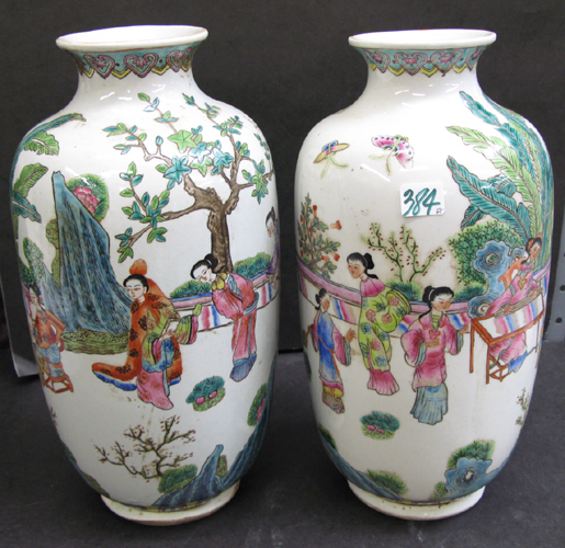 Appraisal: PAIR CHINESE PORCELAIN VASES hand enameled with figures of women