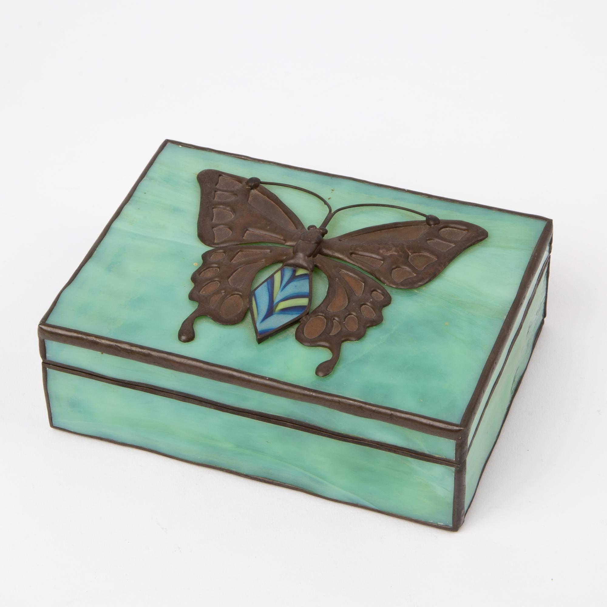 Appraisal: ORIENT FLUME ART GLASS BUTTERFLY BOX A Orient Flume art