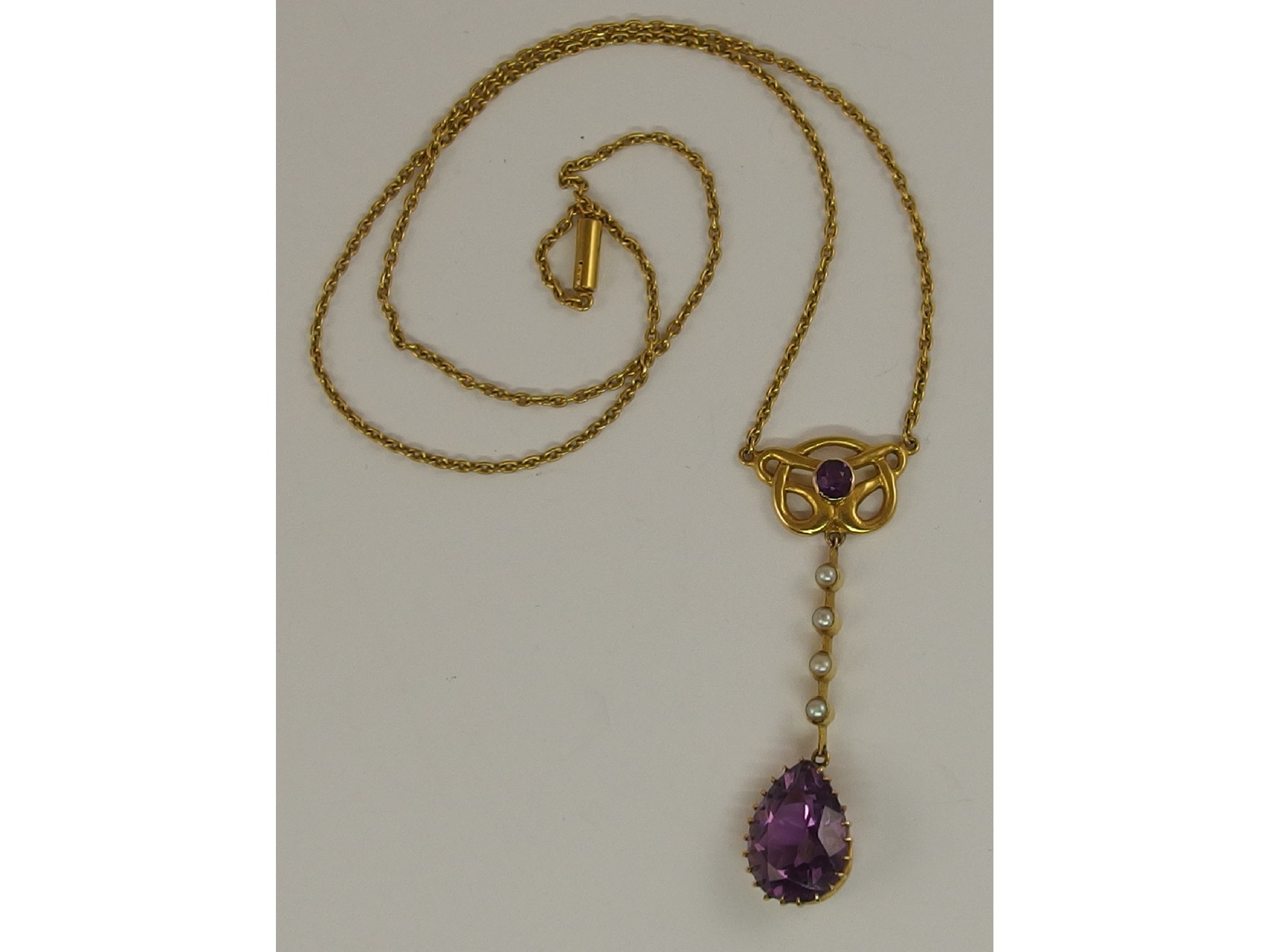 Appraisal: A ct gold Art Nouveau design pearl and amethyst necklace