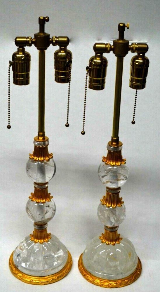 Appraisal: Pr GILT METAL ROCK CRYSTAL BAGUES STYLE LAMPS A pair