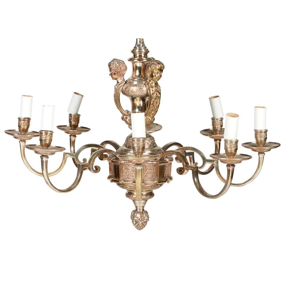 Appraisal: BAROQUE STYLE SILVERED EIGHT LIGHT CHANDELIER EARLY TH CENTURY the