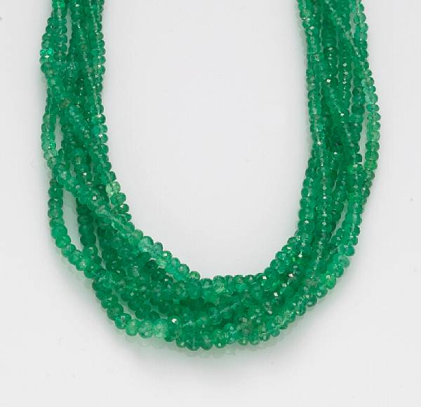 Appraisal: An emerald and diamond beaded necklace mounted in eighteen karat