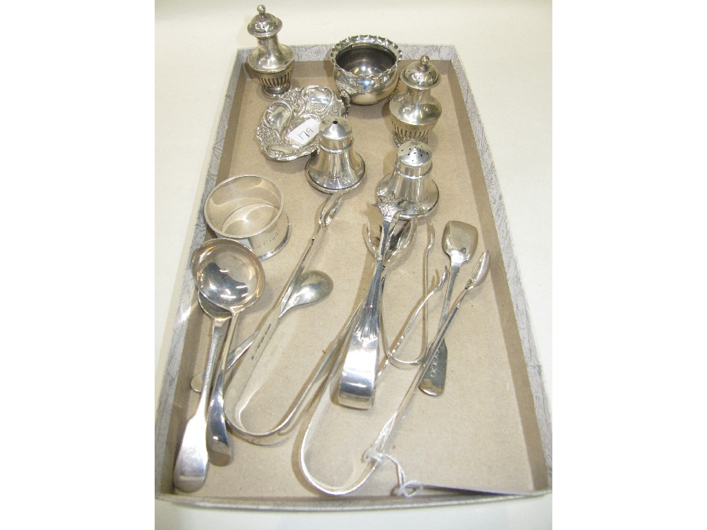 Appraisal: Lot comprising assorted silver condiments silver tongs silver and EP