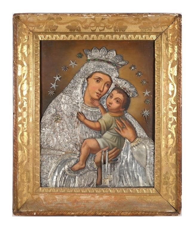 Appraisal: C MADONNA CHILD ICON PAINTING W RIZAAntique s or earlier