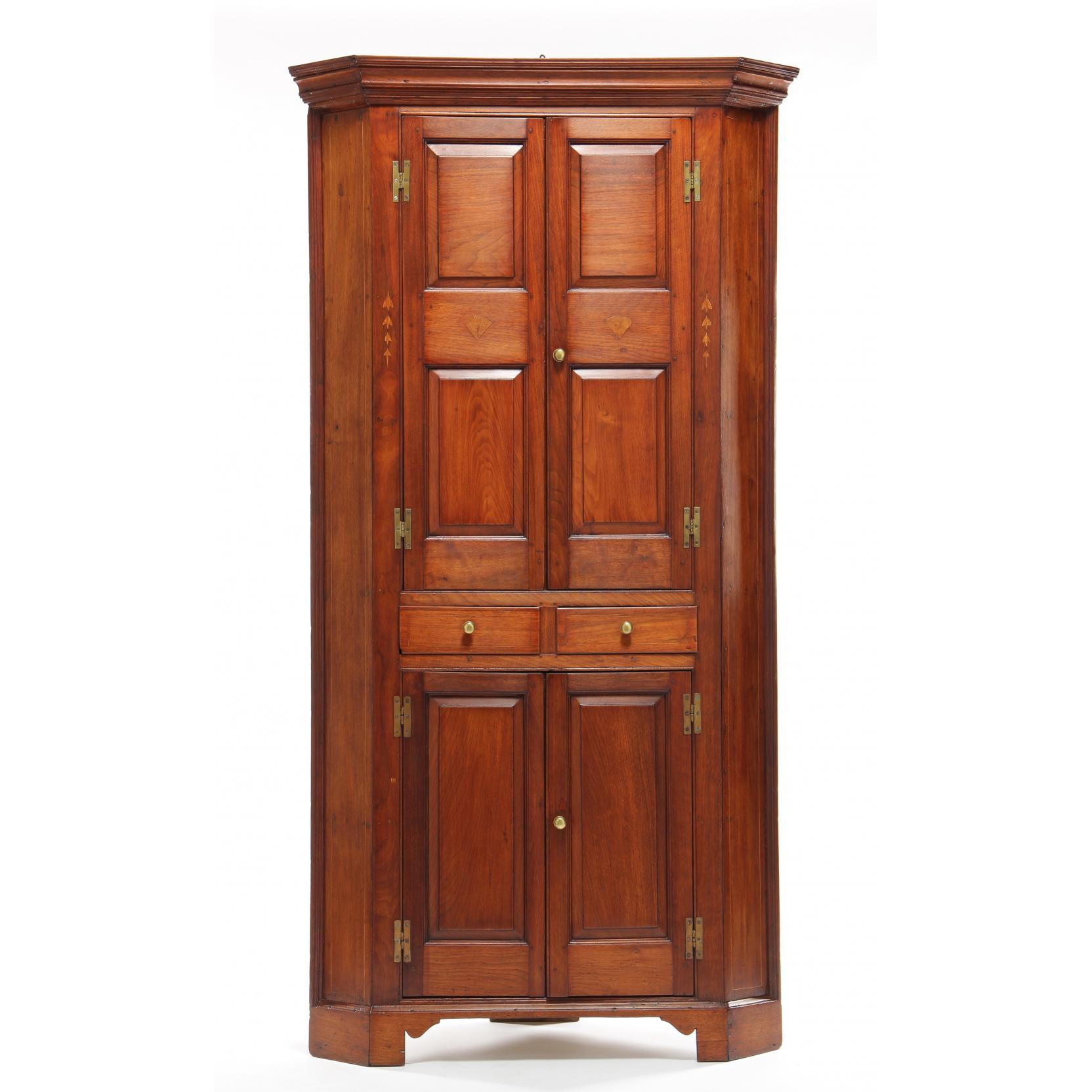 Appraisal: Virginia Inlaid Federal Corner Cupboard circa walnut with yellow pine