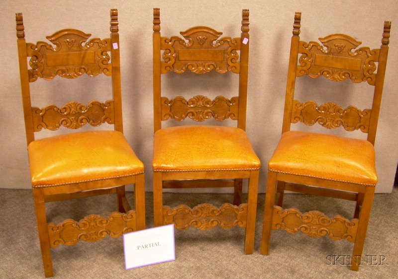 Appraisal: Set of Twelve Iberian-style Leather Upholstered Carved Maple Dining Chairs