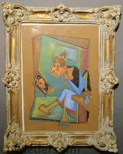 Appraisal: Abstract gouache of a seated woman looking into a hand-mirror