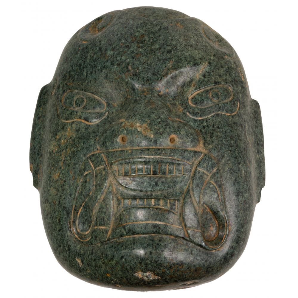 Appraisal: PRE-COLUMBIAN OLMEC CARVED STONE MASKHaving anthropomorphic features including stylized horns