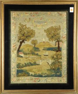 Appraisal: Framed embroidery sampler Framed embroidery sampler th century decorated with