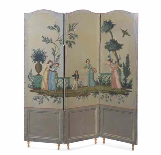 Appraisal: A Continental Three Panel Floor Screen decorated with figures in