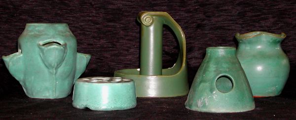 Appraisal: Collection of Five American Arts and Crafts Green-Glazed Pottery consisting