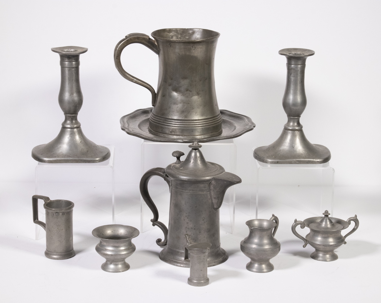 Appraisal: PCS ASSORTED PEWTER Including Pair of candlesticks high English shaped