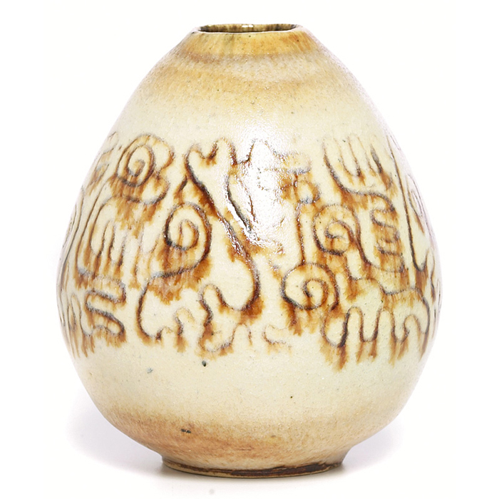 Appraisal: Scheier vase bulbous form with incised abstract designs covered with