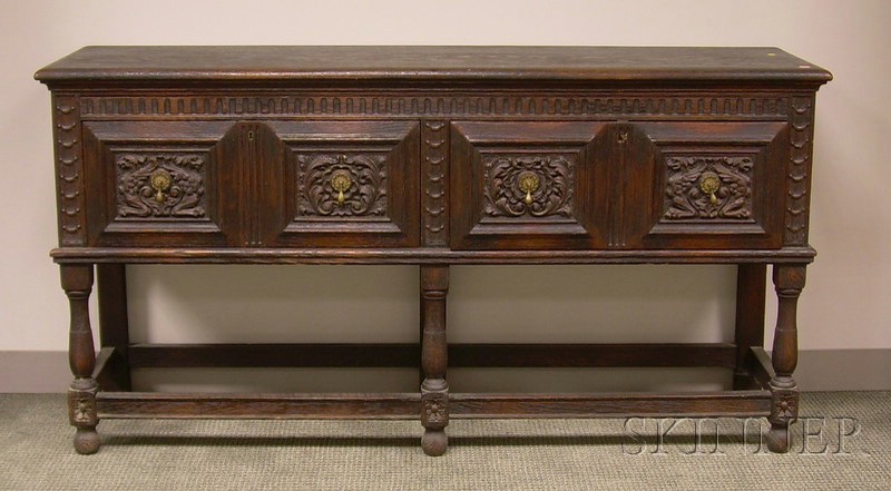 Appraisal: Jacobean-style Carved Oak Credenza ht wd dp in