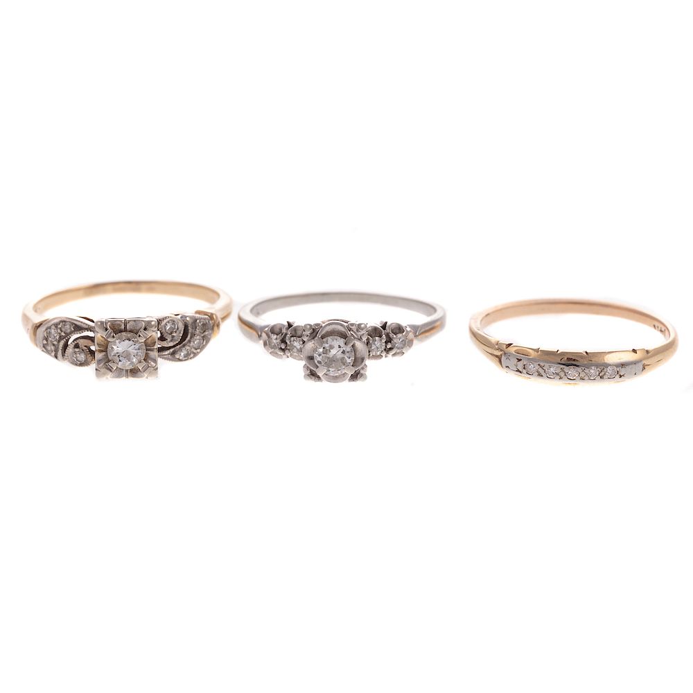 Appraisal: A Trio of Vintage Diamond Rings in Gold K white