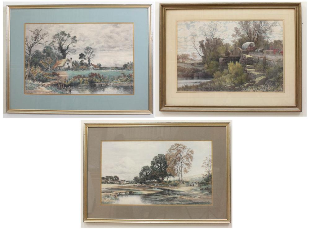 Appraisal: THREE HAND COLORED ETCHINGS country landscapes after works by A