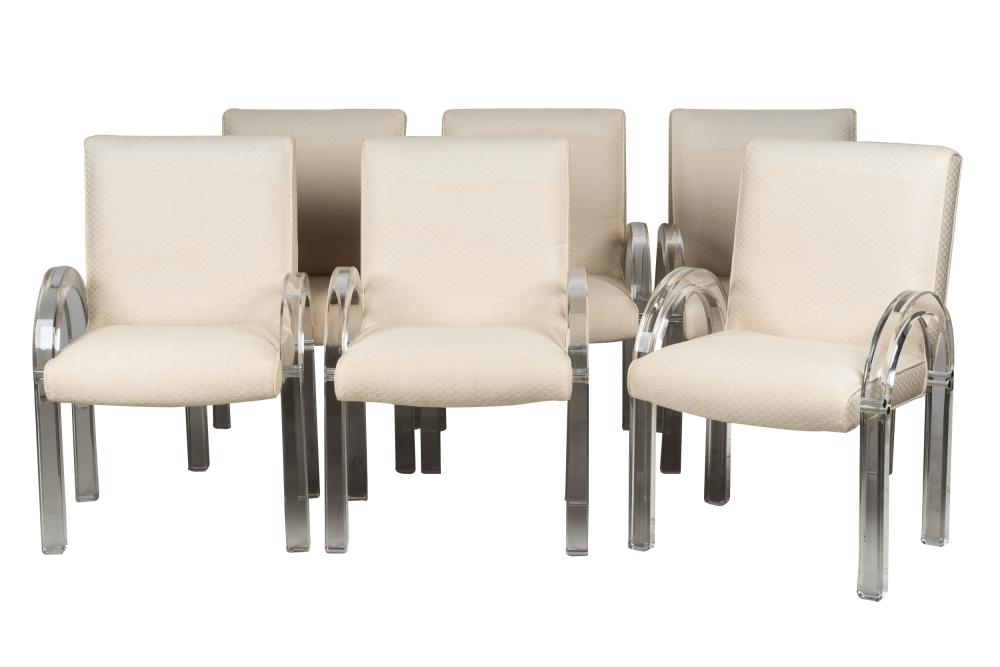 Appraisal: CHARLES HOLLIS JONES SIX WATERFALL DINING CHAIRSLucite and cream-colored fabric