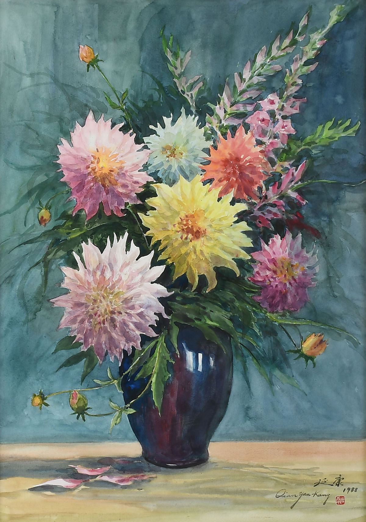 Appraisal: QIAN Yan-Kang Chinese th Century ''Dahlias'' Watercolor sight size ''