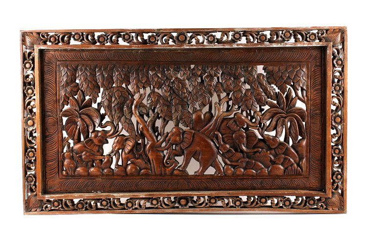 Appraisal: Elephant Family Hand Carved Wooden Wall Panel For your consideration