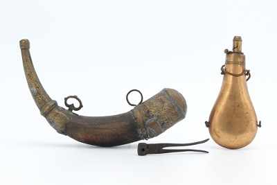 Appraisal: Two Vintage Powder Horns and Civil War Bullet Mold No