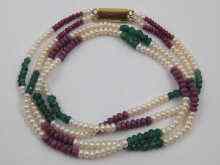 Appraisal: A two row cultured pearl emerald and ruby necklace approx