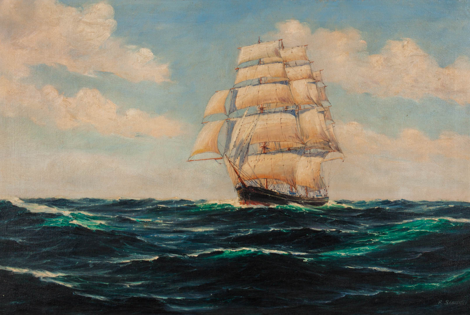 Appraisal: Frank Schneider Full Masted Ship oil on canvas American -