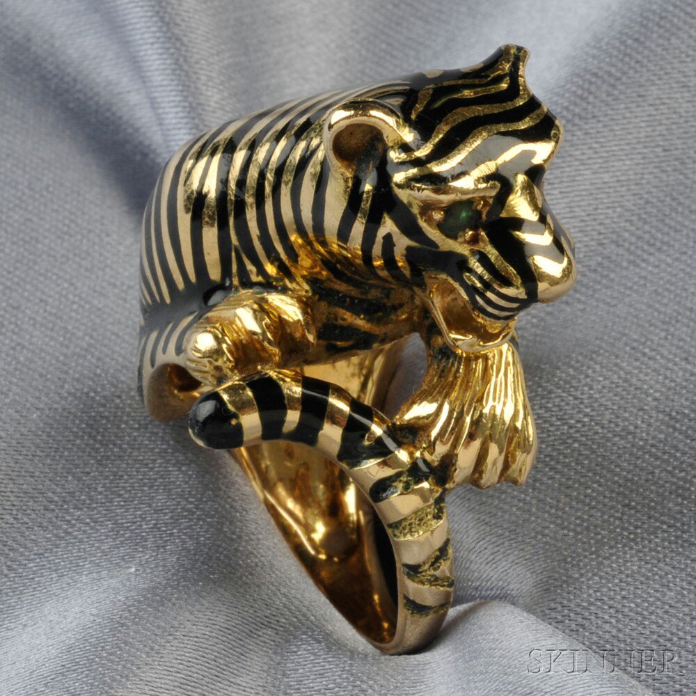 Appraisal: kt Gold Enamel and Emerald Tiger Ring with black enamel