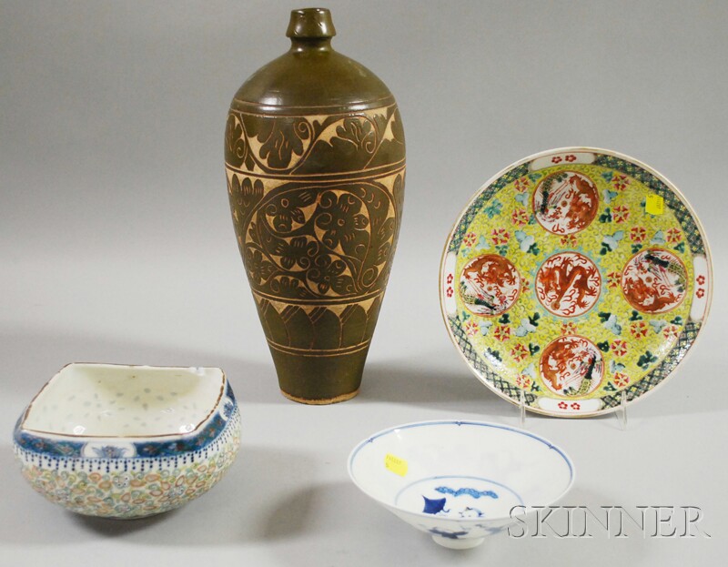 Appraisal: Three Chinese Porcelain Bowls and an Asian Glazed Carved Earthenware