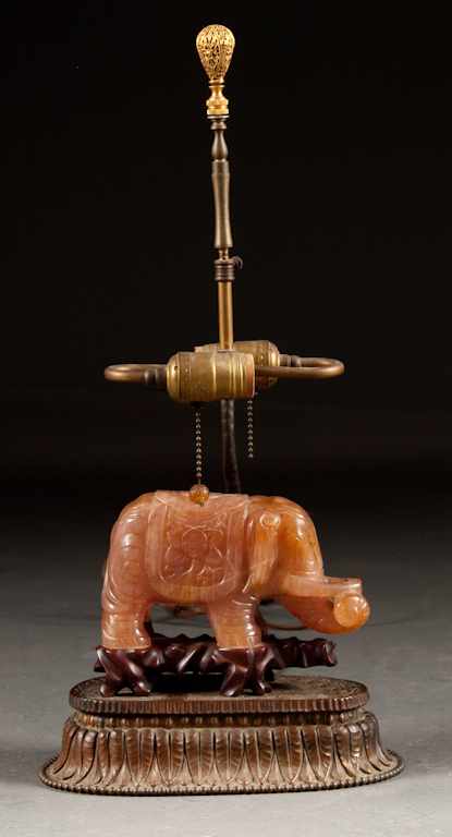 Appraisal: Chinese carved pink quartz elephant-form figure mounted as a lamp