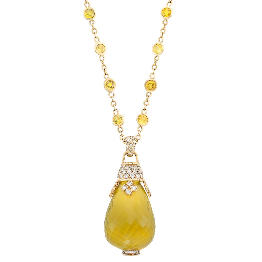 Appraisal: Gold Lemon Quartz Briolette Citrine and Diamond Pendant Chain Necklace