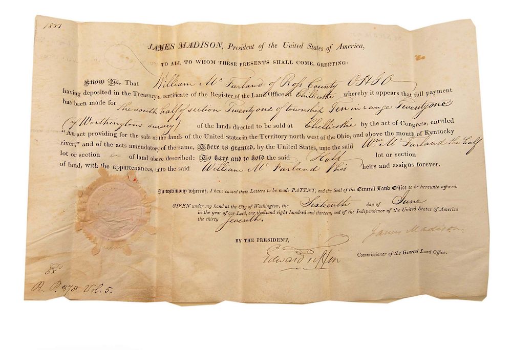 Appraisal: President James Madison Land Grant Edward Tiffin President James Madison